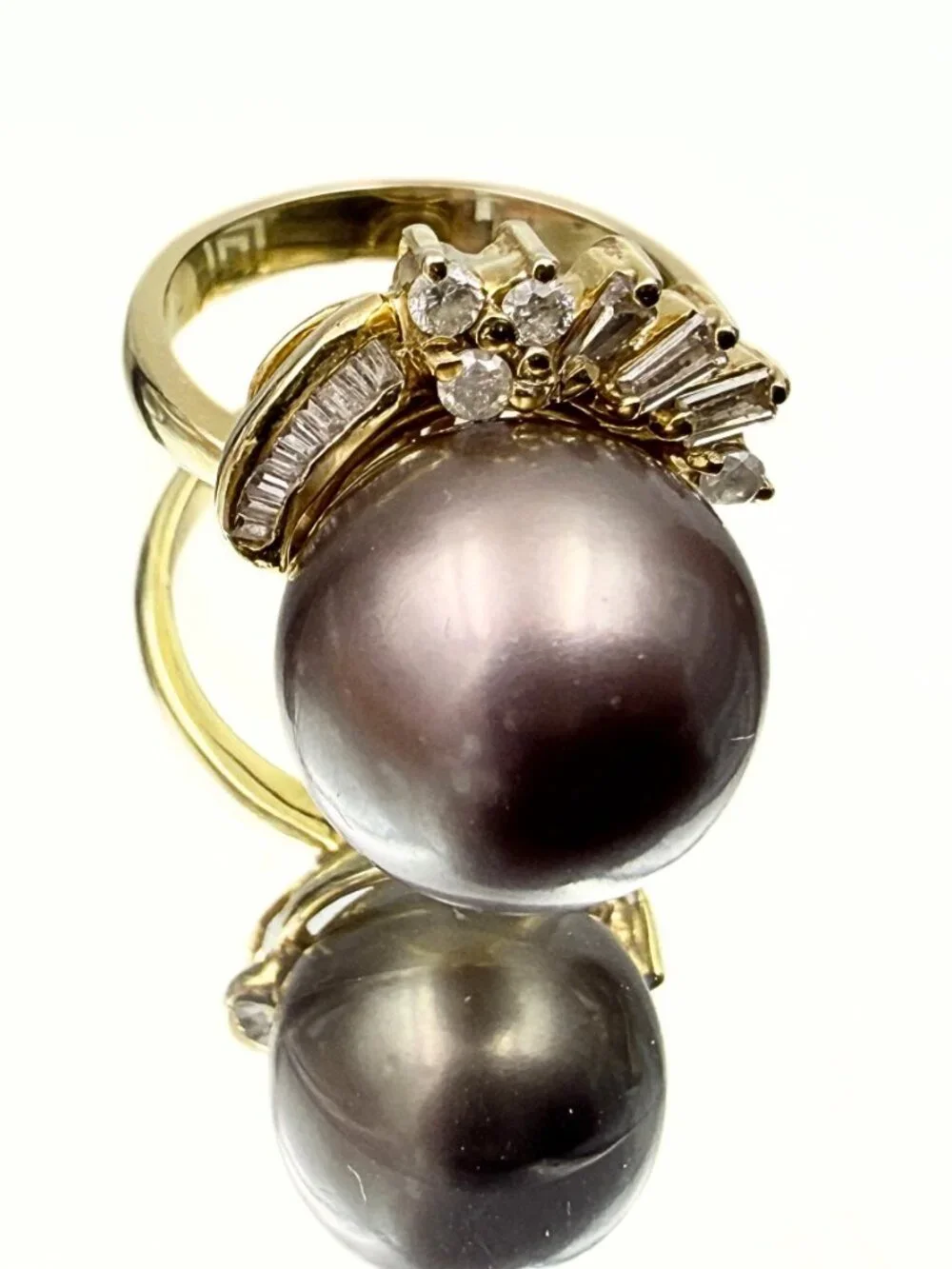 Estate 18K Marked Yellow Gold Black Tahitian Cultured Pearl Diamond Ring Sz 6